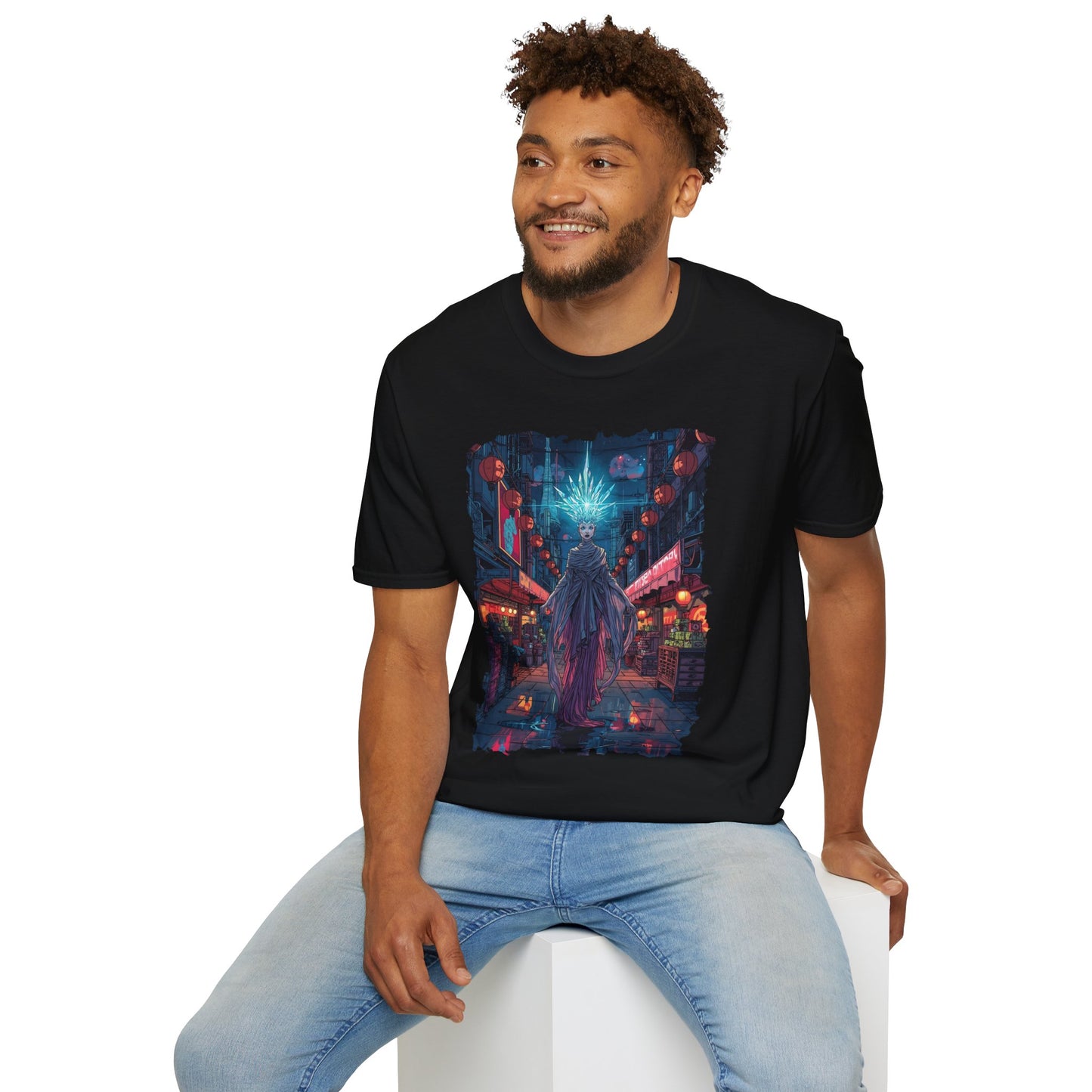 The Neon Oracle of District 9 T-Shirt – 80s Cyberpunk Comic Marketplace Illustration