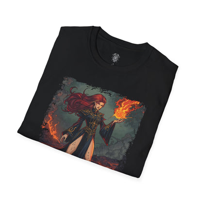 The Ember Sorceress of the Ashlands T-Shirt – 80s Dark Fantasy Fire Mage Illustration