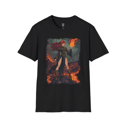 The Ember Sorceress of the Ashlands T-Shirt – 80s Dark Fantasy Fire Mage Illustration