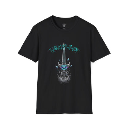 Guitar Sword Relic T-Shirt – 80s Fantasy Weapon Comic with Thrash Punk Logo - Rock & Roll Closet Originals