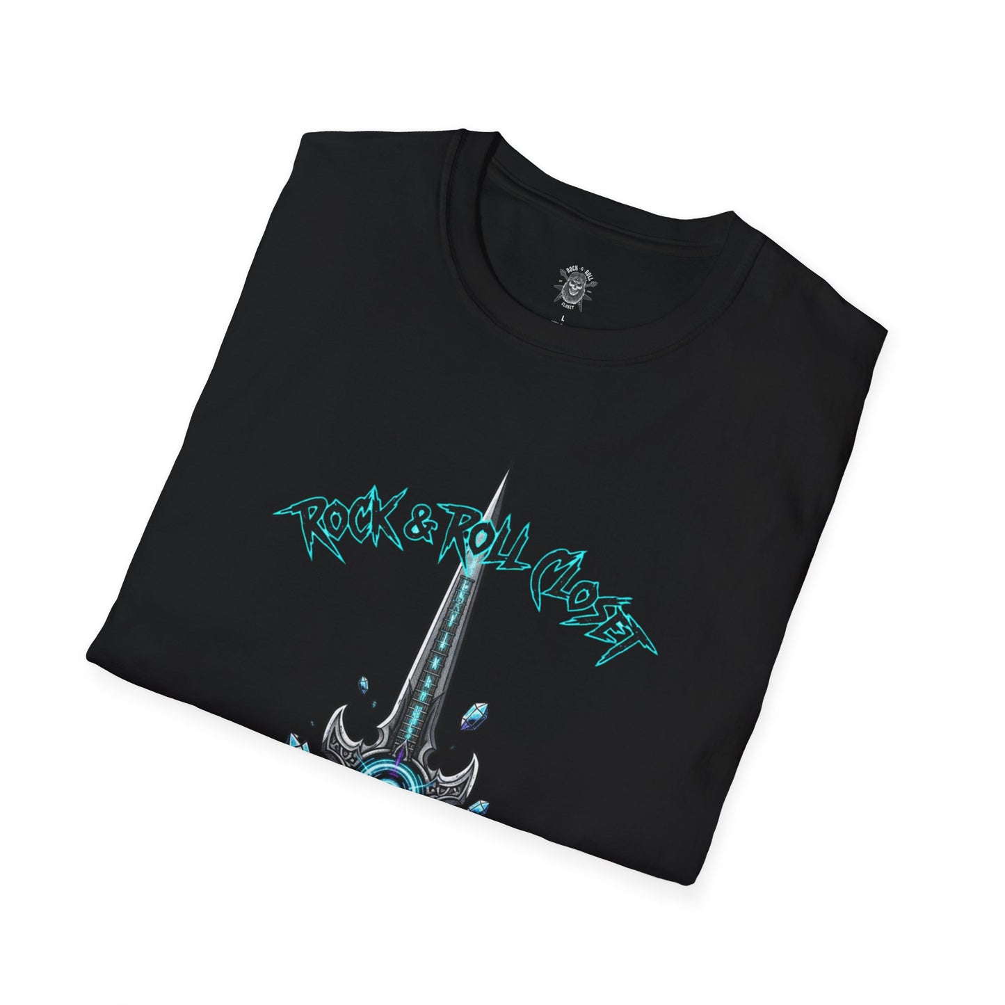 Guitar Sword Relic T-Shirt – 80s Fantasy Weapon Comic with Thrash Punk Logo - Rock & Roll Closet Originals