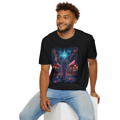 The Neon Oracle of District 9 T-Shirt – 80s Cyberpunk Comic Marketplace Illustration