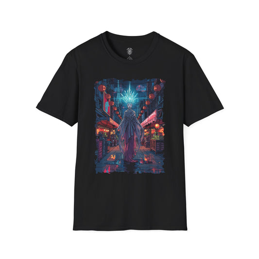 The Neon Oracle of District 9 T-Shirt – 80s Cyberpunk Comic Marketplace Illustration