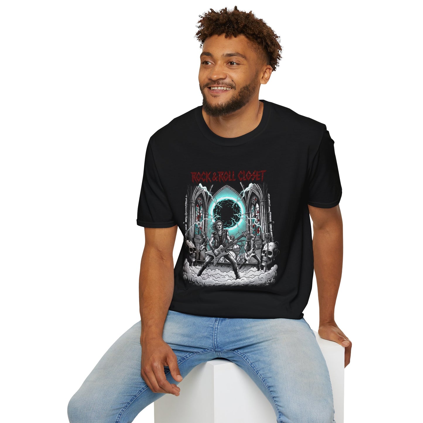 Necro Stage Portal T-Shirt – 80s Gothic Concert Comic with Thrash Logo - Rock & Roll Closet Originals