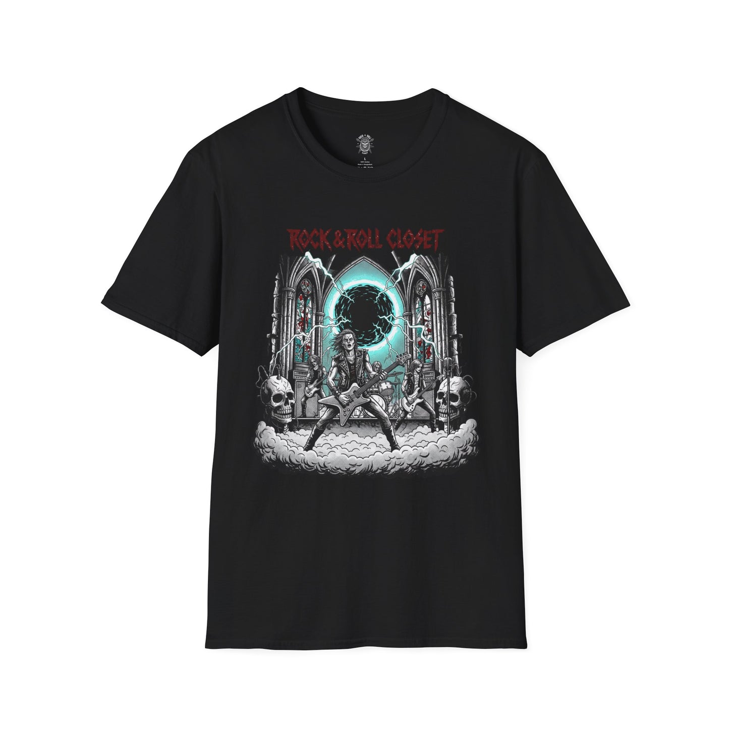 Necro Stage Portal T-Shirt – 80s Gothic Concert Comic with Thrash Logo - Rock & Roll Closet Originals