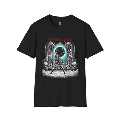 Necro Stage Portal T-Shirt – 80s Gothic Concert Comic with Thrash Logo - Rock & Roll Closet Originals