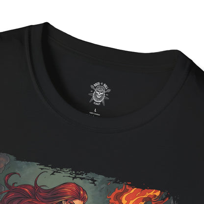 The Ember Sorceress of the Ashlands T-Shirt – 80s Dark Fantasy Fire Mage Illustration
