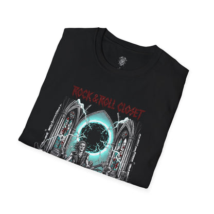Necro Stage Portal T-Shirt – 80s Gothic Concert Comic with Thrash Logo - Rock & Roll Closet Originals