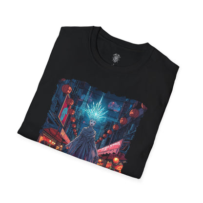 The Neon Oracle of District 9 T-Shirt – 80s Cyberpunk Comic Marketplace Illustration