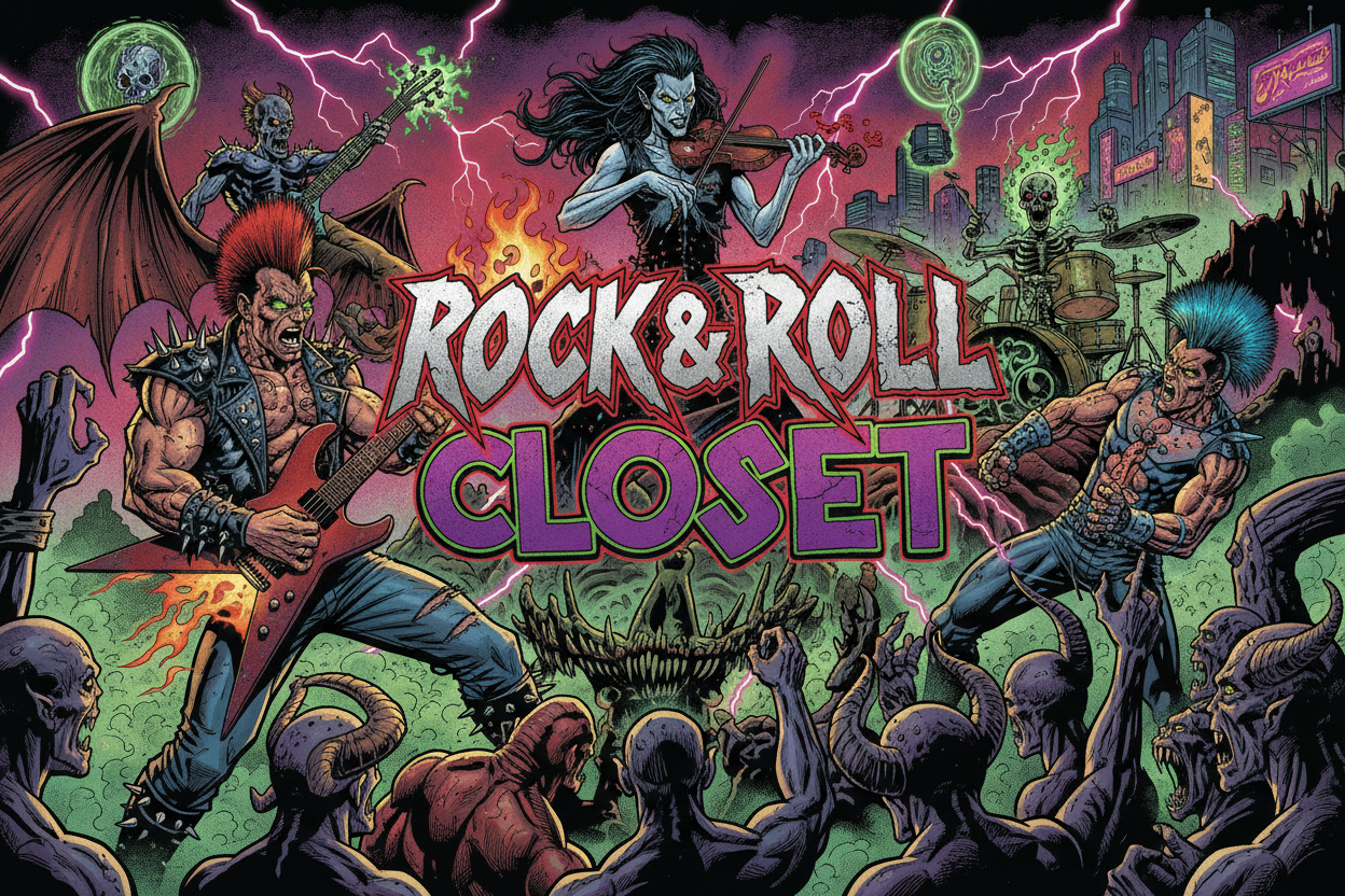 fantasy, dark, gothic, mythical, sci-fi, horror, supernatural, 80s comic book style, scenes and characters, banner with the title "Rock & Roll Closet" placed in the center, written in extreme thrash and punk fonts.