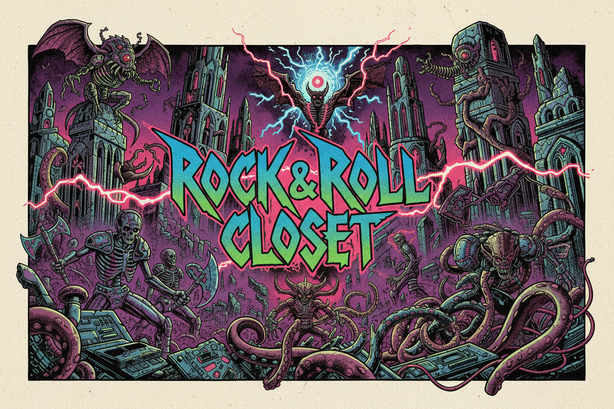 fantasy, dark, gothic, mythical, sci-fi, horror, supernatural, 80s comic book style, scenes and characters, banner with the title "Rock & Roll Closet" placed in the center, written in extreme thrash and punk fonts.