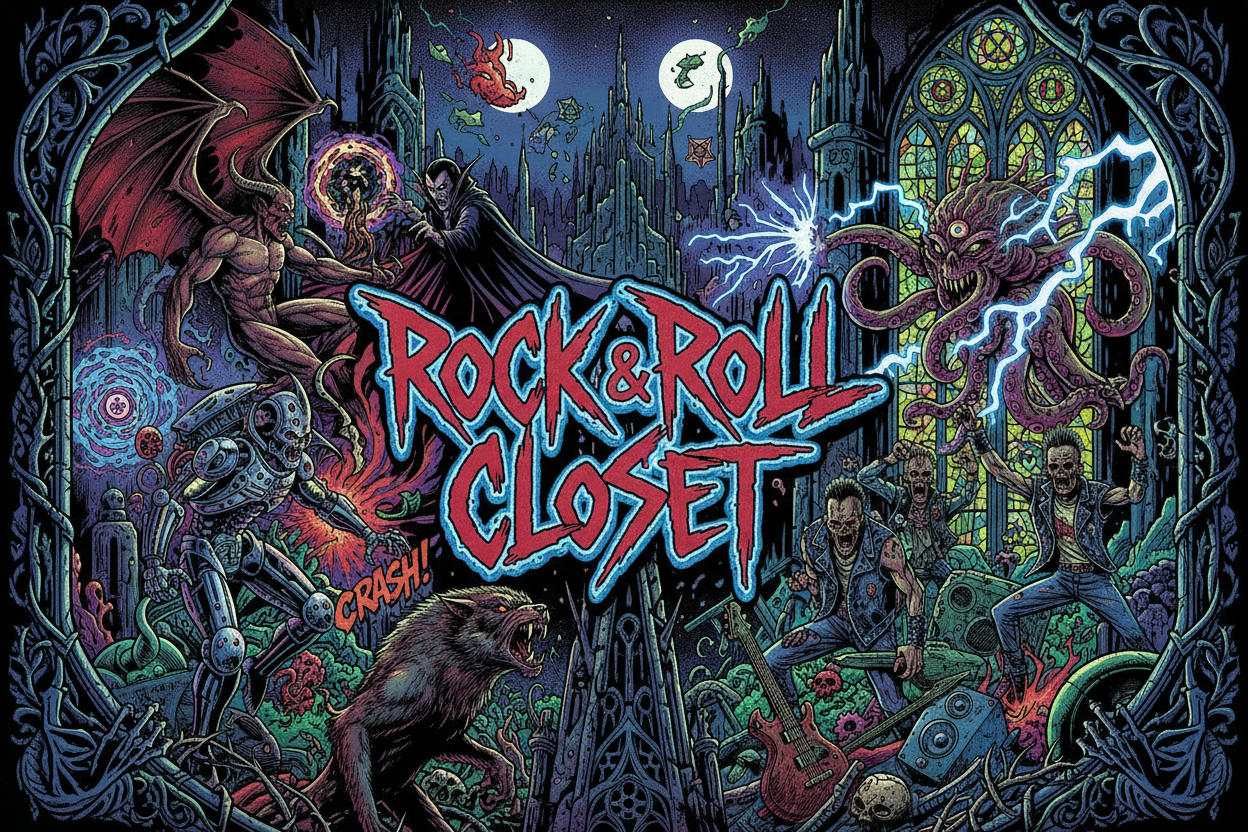 fantasy, dark, gothic, mythical, sci-fi, horror, supernatural, 80s comic book style, scenes and characters, banner with the title "Rock & Roll Closet" placed in the center, written in extreme thrash and punk fonts.