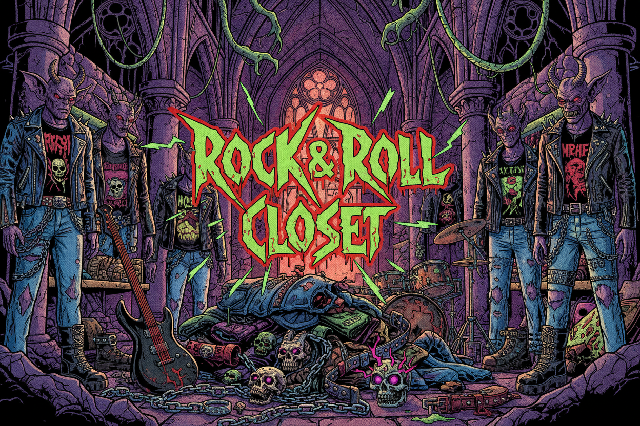 fantasy, dark, gothic, sci-fi, horror, supernatural, 80s comic book style, clothing, accessories, instruments, sotore banner with the title "Rock & Roll Closet" placed in the center, written in extreme thrash and punk fonts.