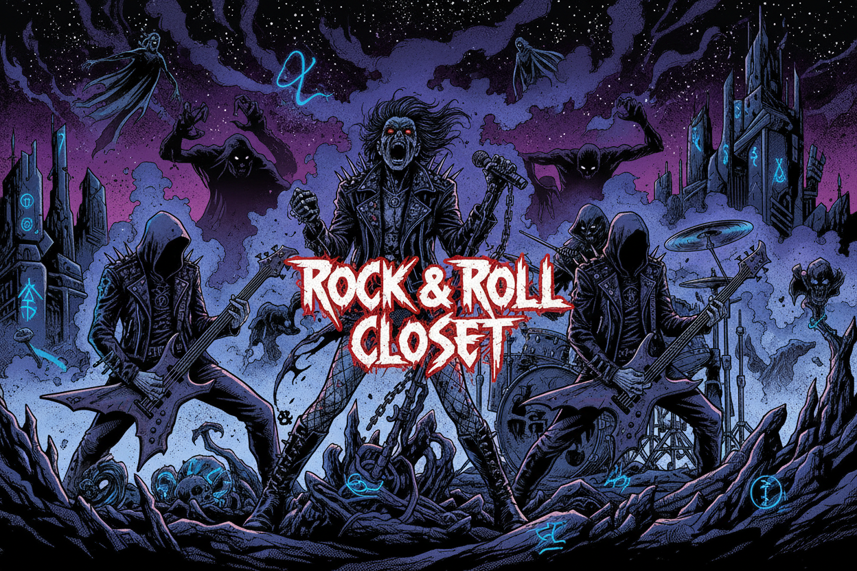 fantasy, rock roll band,dark, gothic, sci-fi, horror, supernatural, 80s comic book style, clothing, accessories, instruments, sotore banner with the title "Rock & Roll Closet" placed in the center, written in extreme thrash and punk fonts.