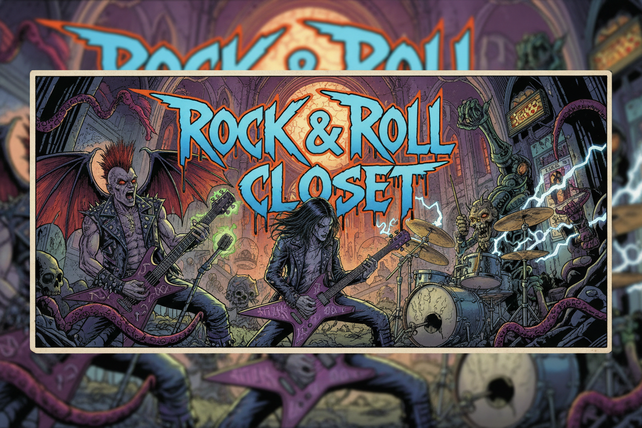 fantasy, rock roll band,dark, gothic, sci-fi, horror, supernatural, 80s comic book style, clothing, accessories, instruments, sotore banner with the title "Rock & Roll Closet" placed in the center, written in extreme thrash and punk fonts.